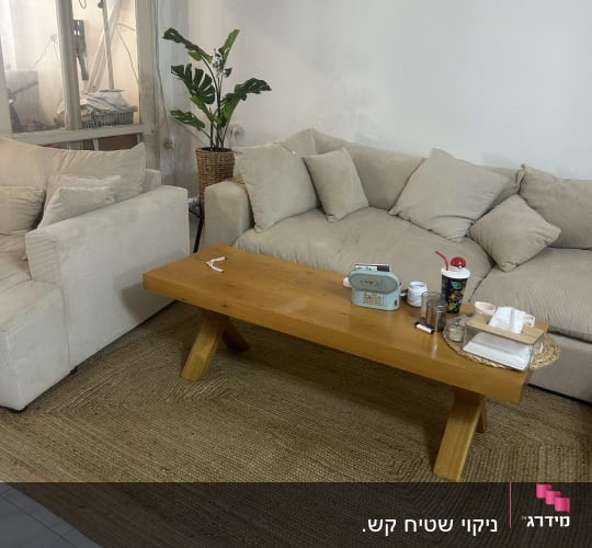 סלון עם ספות ושולחן עץ, מתאים לניקוי ספות